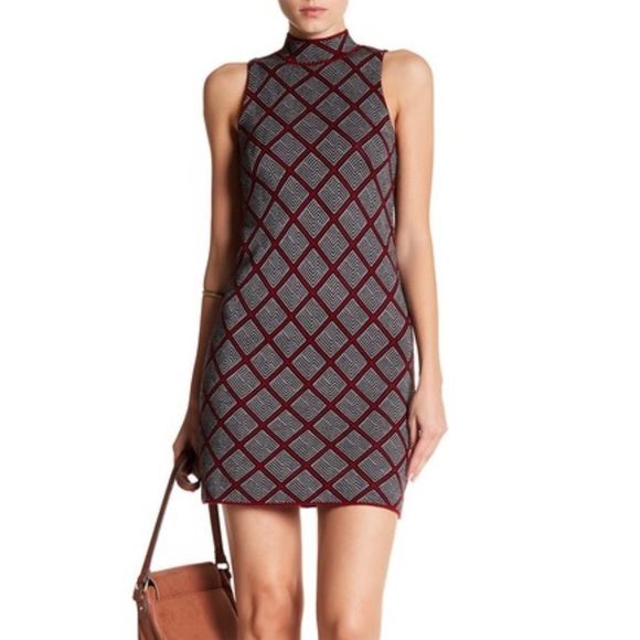 Romeo‎ & Juliet Red/BlackCouture Geo Knit Mock Nec Cocktail Bodycon Dress Medium - Picture 1 of 7